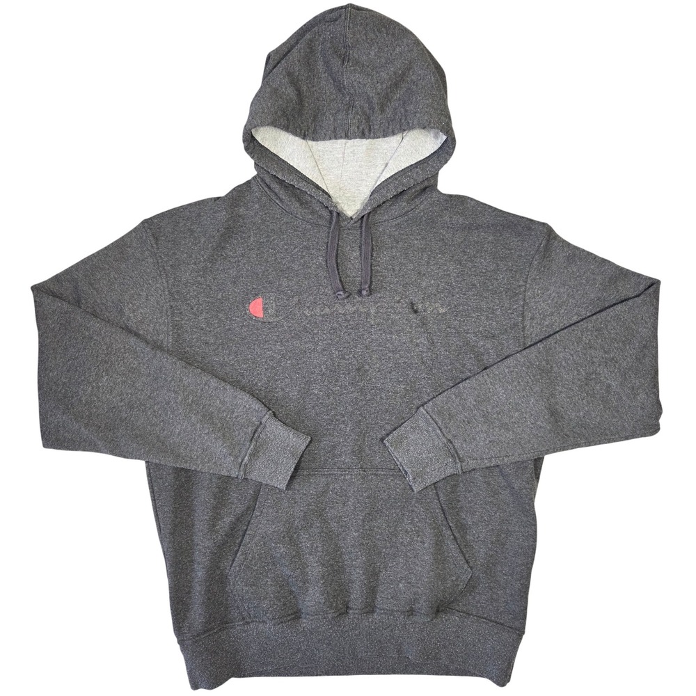 Champion Mens Charcoal Grey Heather Script Logo Hoodie Sweatshirt L Athleisure
